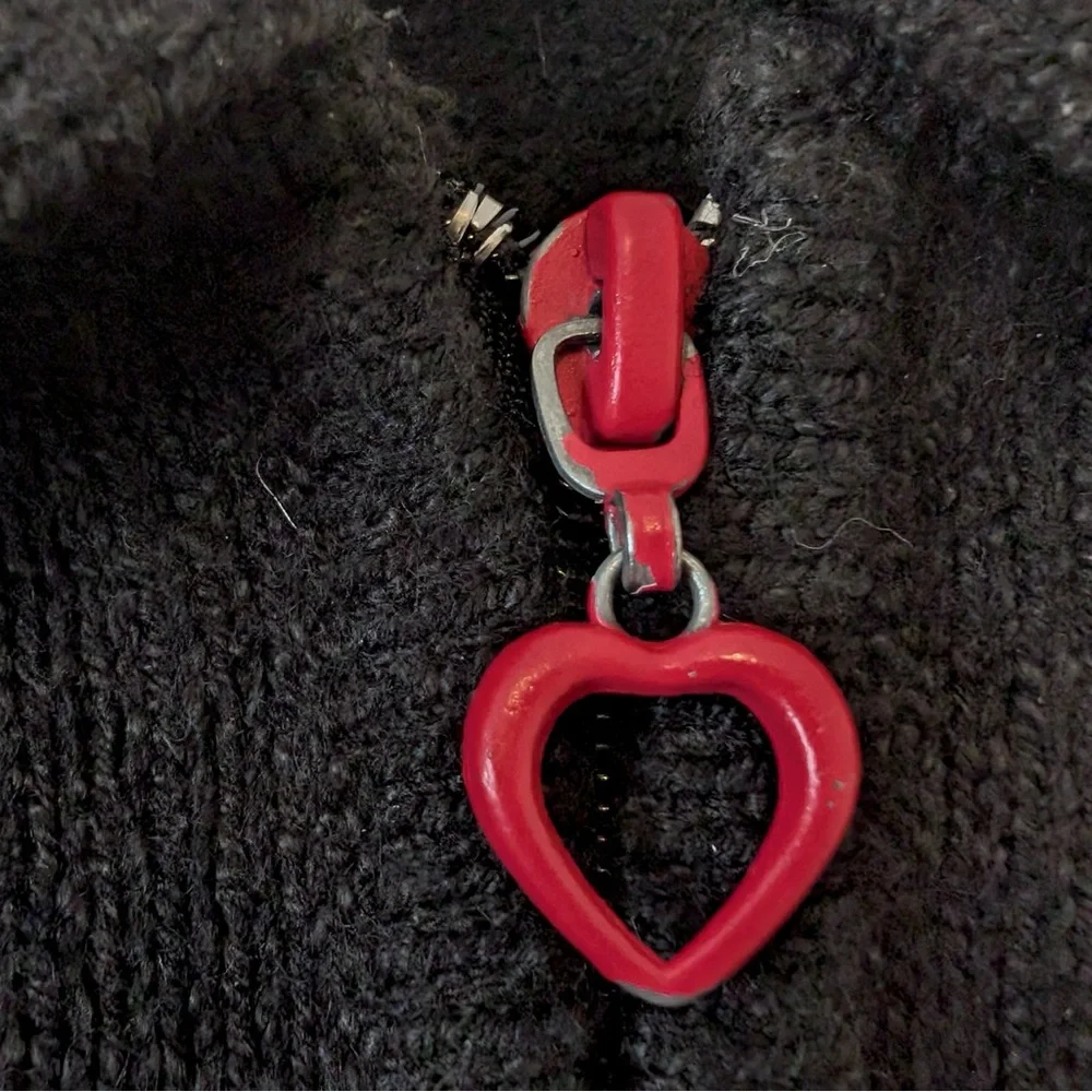 90s Vintage Tanjay Cat Grandma Sweater Size XL Heart Shaped Zipper Black & White - Picture 16 of 16